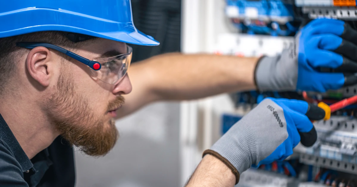 Electrician in safety gear working on electrical wiring, representing SEO for Electricians and how local search visibility connects skilled trades to customers.