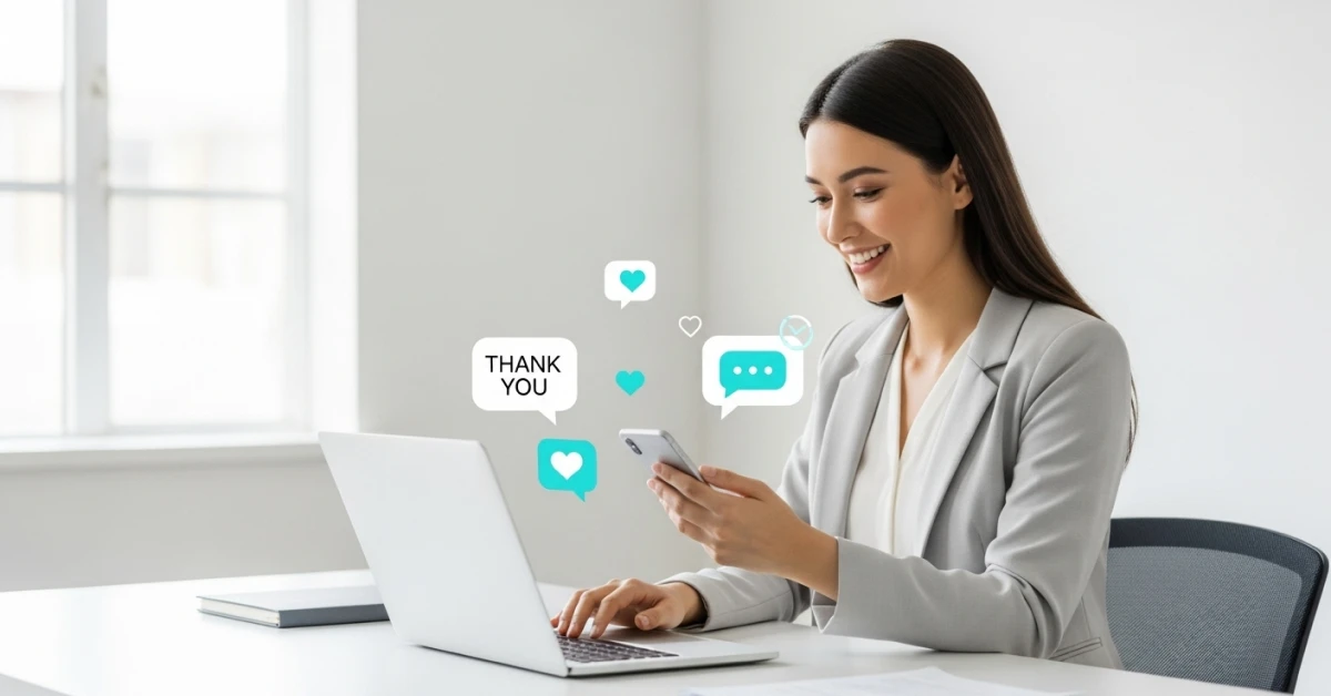 Professional businesswoman sending thank you messages on her phone and laptop, representing client appreciation and loyalty building.