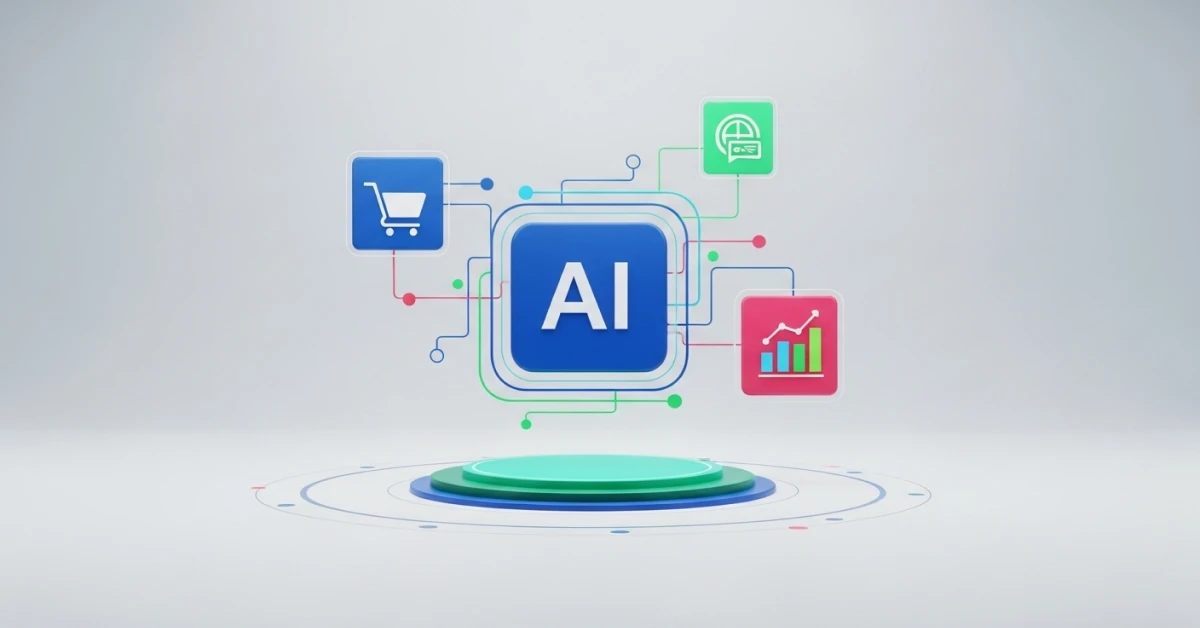 AI for Sales: A modern digital environment featuring a prominent AI icon surrounded by sales channel icons like a shopping cart and bar chart, emphasizing innovation and technology.