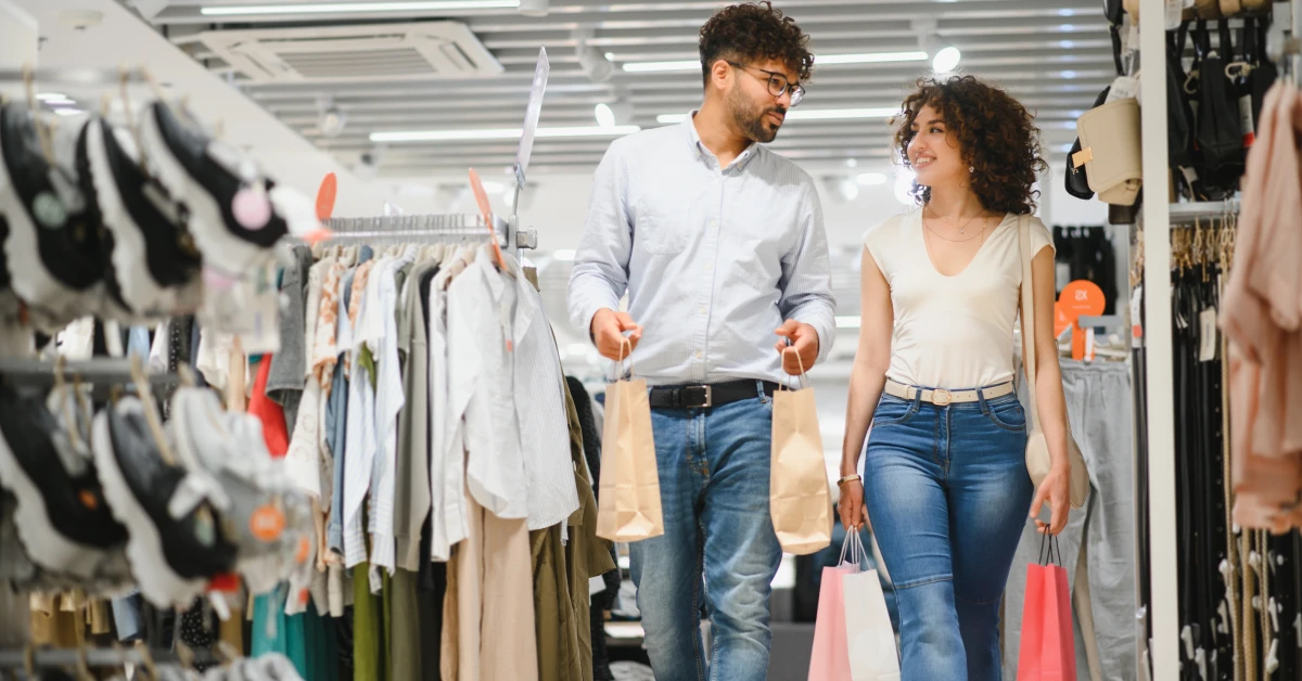 A man and a woman shopping together in a clothing store, walking through aisles filled with neatly arranged clothes and shoes.