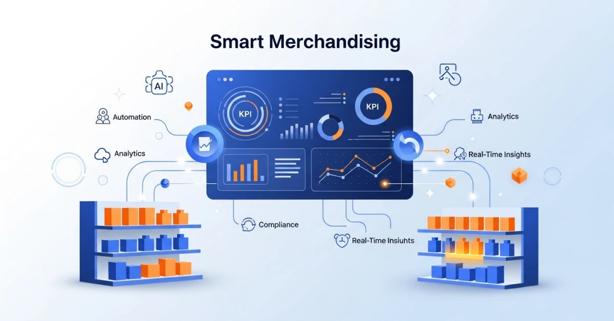 A modern illustration showing a central smart merchandising dashboard with KPIs, charts, and analytics, connected to retail shelves on both sides. Icons for automation, AI, compliance, and real-time insights surround the dashboard.