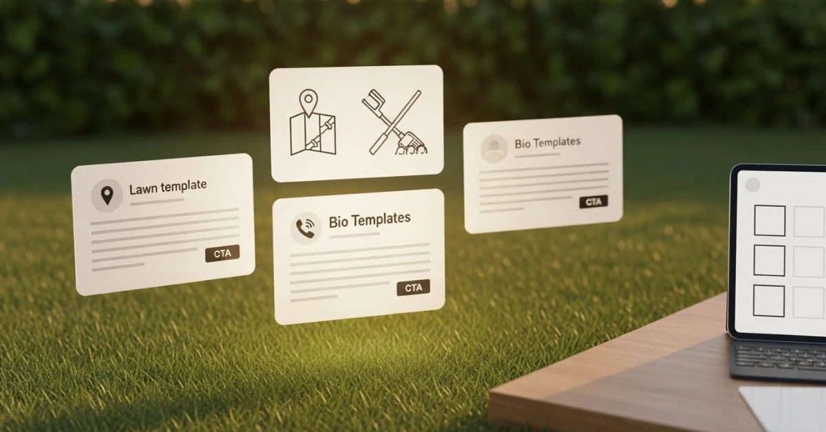 Floating lawn care bio template cards with icons for location, services, and CTA displayed above grass, illustrating landscaping and lawn care bio examples.